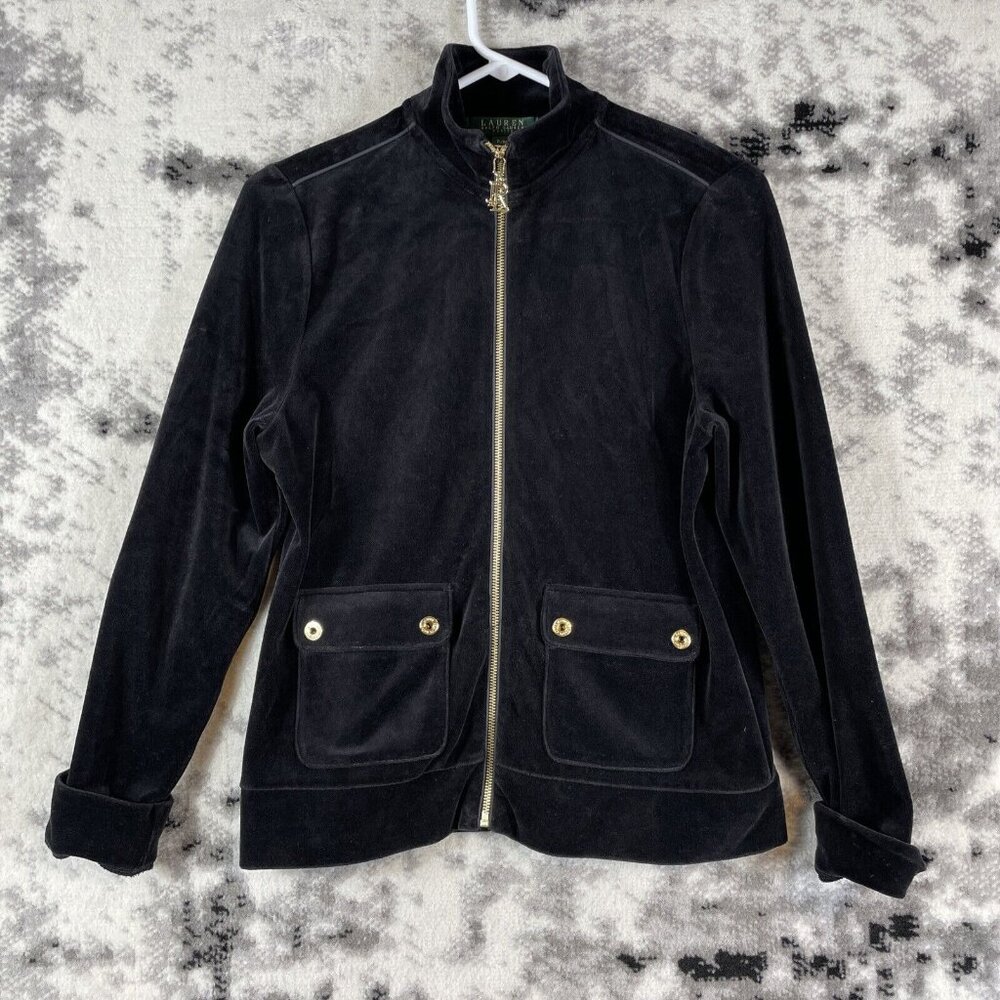 Lauren Ralph Lauren Velour Jacket Womens Size PM Black Cotton Polyester‎